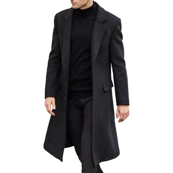 SOMTHRON Other - Men's Black Slim Fit Notched Collar Long Casual Trench Coat with Pocket
